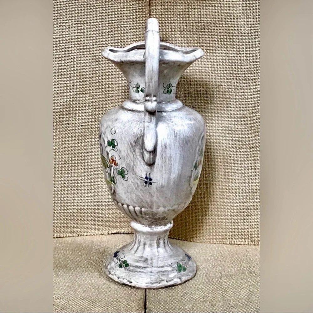 French Bird Mantle Vase w Handles Art Pottery Hand Painted Elegant Cottage Core - Picture 2 of 8